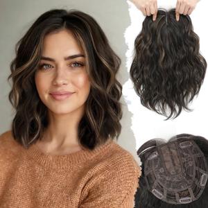 Ms Taj 11" Short Wavy Hair Topper for Thinning Hair, Lightweight Synthetic Hairpiece for Women, 6.5x6.5 Inch Breathable Base for Natural Volume & Crown CoverageHighlighted Dark Brown