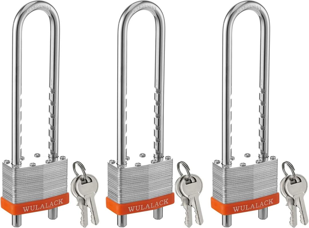 Locks with Keys, WULALACK 2 inch Wide Laminated Steel Keyed Padlock with Adjustable Shackle, Long Padlocks with Same Key,3 Pack
