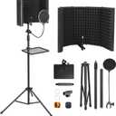 Microphone Isolation Shield, Foam Protection with Pop Filter, Tripod Stand, Foldable Design