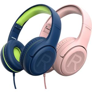 Kids Headphones Wired Toddler Headphones with Microphone, Over-Ear Headphones, 85/94dB Volume-Limiting, 3.5mm Jack, Foldable On-Ear Design (Bluegreen+Pink, Pack of 2)