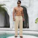 Puimentiua Cotton Linen Pants Men Casual Loose Fit Elastic Drawstring Waist Summer Beach Pants (Beige, XL)