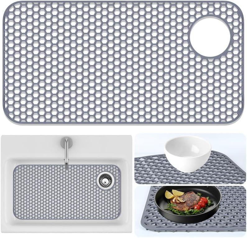Sink Protector for Kitchen Sink Mat - 28.35"x14.37" Kitchen Sink Pad for Bottom of Sink Protec of Stainless Steel Sink Tableware Farmhouse Rubber Sink Mat Protector with Top Right Drain - Light Gray