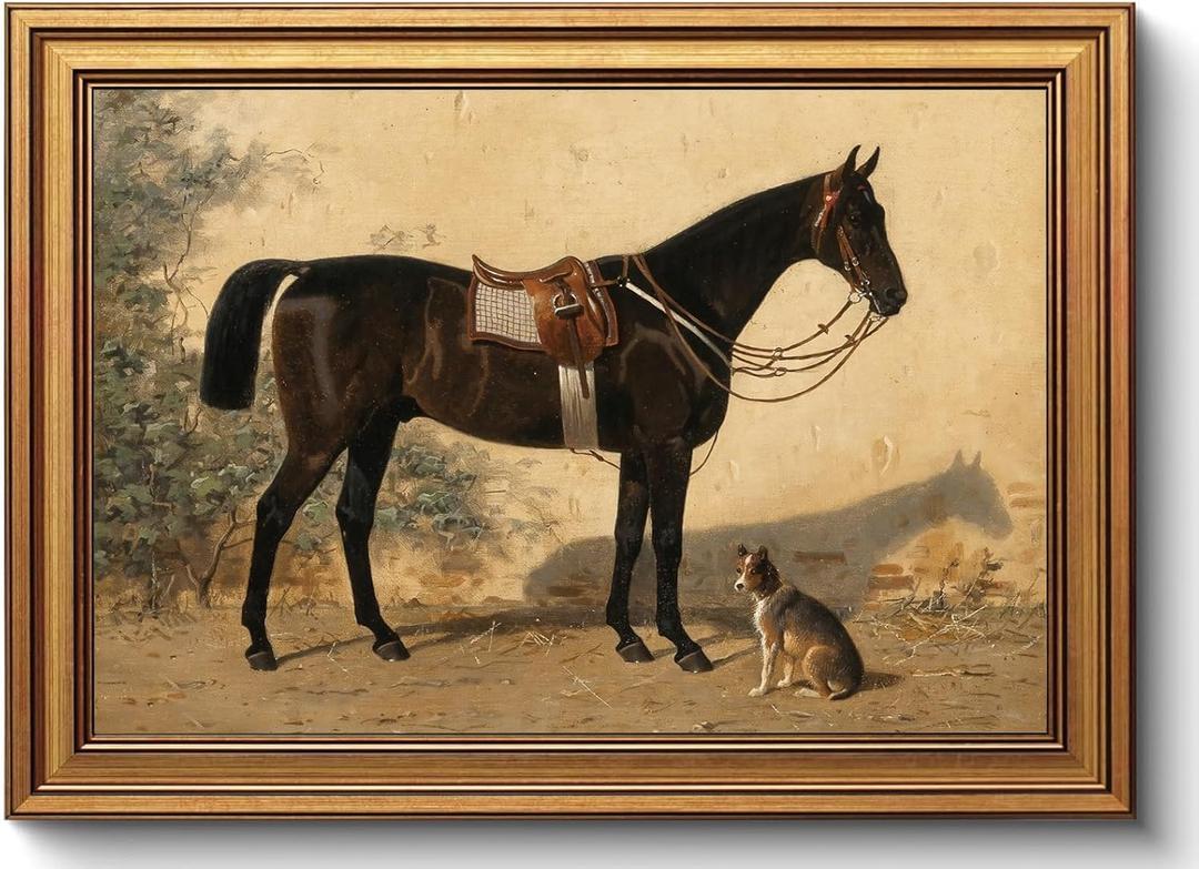 Gold Framed Wall Art Vintage Horse and Dog Canvas Art Farmhouse Animals Picture Wall Decor Antique Prints Rustic Paintings Country Artwork for Bedroom Bathroom Living Room 12x16 Inch