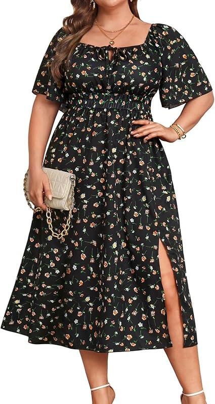 Plus Size Summer Dress 2025 - Milkmaid Sundress Boho Floral Casual Beach Wedding Midi Dresses, (Large Size, Floral Black)
