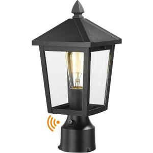 zeyu Dusk to Dawn Outdoor Post Light Fixture, 13.7-Inch Farmhouse Post Lantern Lamp Post for Patio, Clear Glass Shade and Black Finish, 20076PS-PC BK (Medium - 1 Pack)