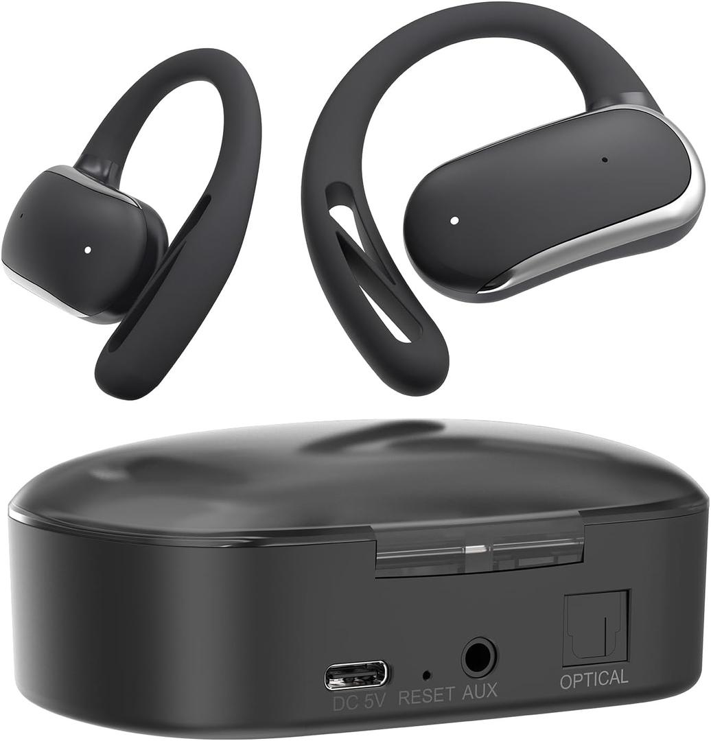 2.4GHz Wireless TV Headphones for Seniors, Open-Ear Hook Design for All-Day Comfort, Plug-and-Play (No Bluetooth), Low Latency, 50ft Range, Charging Case Transmitter with Optical & 3.5mm AUX Cables