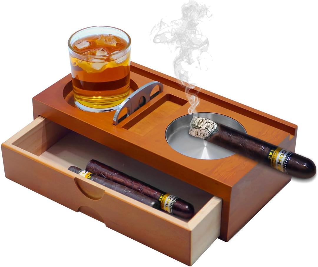 Ashtray, Wooden Ashtray With Cutters, Including Mobile Phone Tablet Holder, Cigar Drawer And Cigar Slot, The Perfect Accessory Set For Men (Dad/Husband/Birthday)