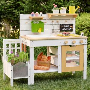 Frogprin Outdoor Mud Kitchen for Kids, Wooden Play Kitchen with Plant Growing Box & Trellis, Real Faucet Sink, Gardening Tools &, Cooking Accessories, Ideal for Toddlers Ages 3+, 31.9x13.8x35.8 inches