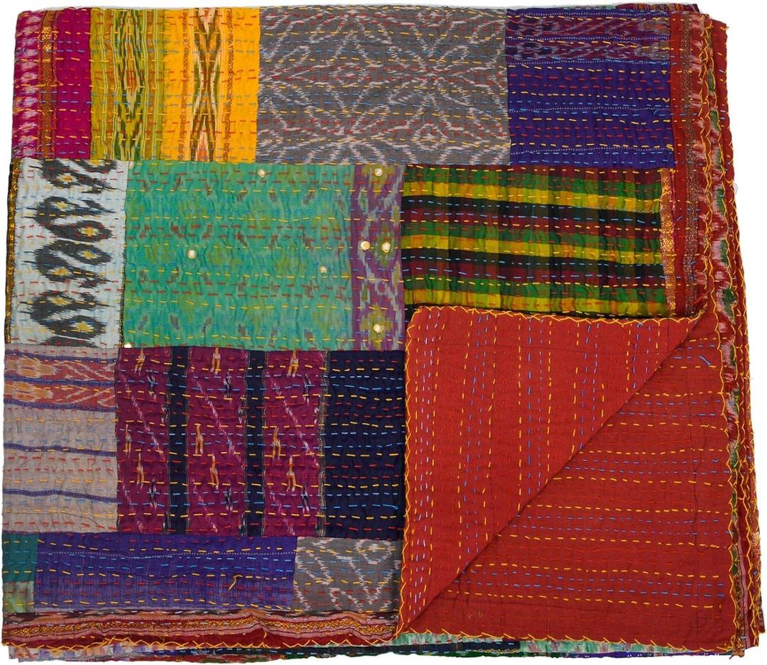 Indian Handmade Quilt Indian Silk Sari Kantha Quilted Patchwork, Silk Kantha Blanket Throw, Boho Vintage Bedspreads Multicolor 60" x 40"