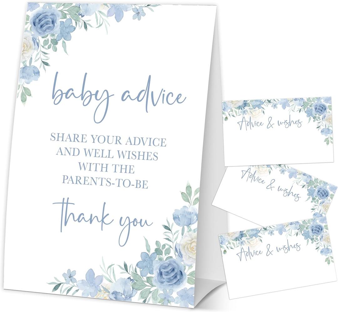 Baby in Bloom Baby Advice Cards for the Parents-to-Be, Spring Blue Floral Baby Shower Decorations Favors, Gender Neutral Party Supplies, 1 Sign & 50 Cards-F08