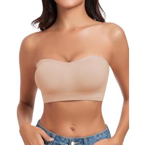 WOWENY Strapless Bras for Women Bandeau Bra Wireless Non-Slip Silicone Seamless Padded Tube Top Bra (X-Large, Nude)