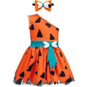 Spooktacular Creations Halloween Baby Pebbles Costume, Bam Bam Costume Caveman Toddler for Girls Kids Halloween Dressup Party (3T (3-4 yrs), Orange)