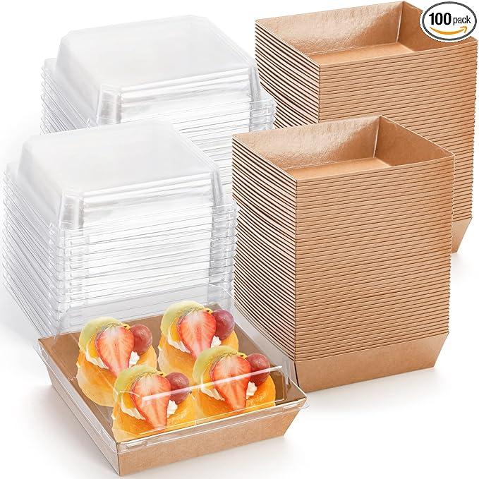 Hiceeden 100 Pack Charcuterie Boxes with Clear Lids, 5.4"×5"×2.5" Paper Bakery Dessert Sandwich Box, Disposable Square Food Containers for Cookies, Donuts, Muffins, Salad, and Pastry, Brown