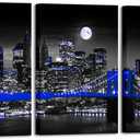Biuteawal Black and Blue City Canvas Print New York Cityscape Brooklyn Bridge at Moon Night Picture Photo Painting Cool Manhattan Skyline Artwork Modern Home Office Wall Decoration Ready to Hang, 16 x 24 Inch