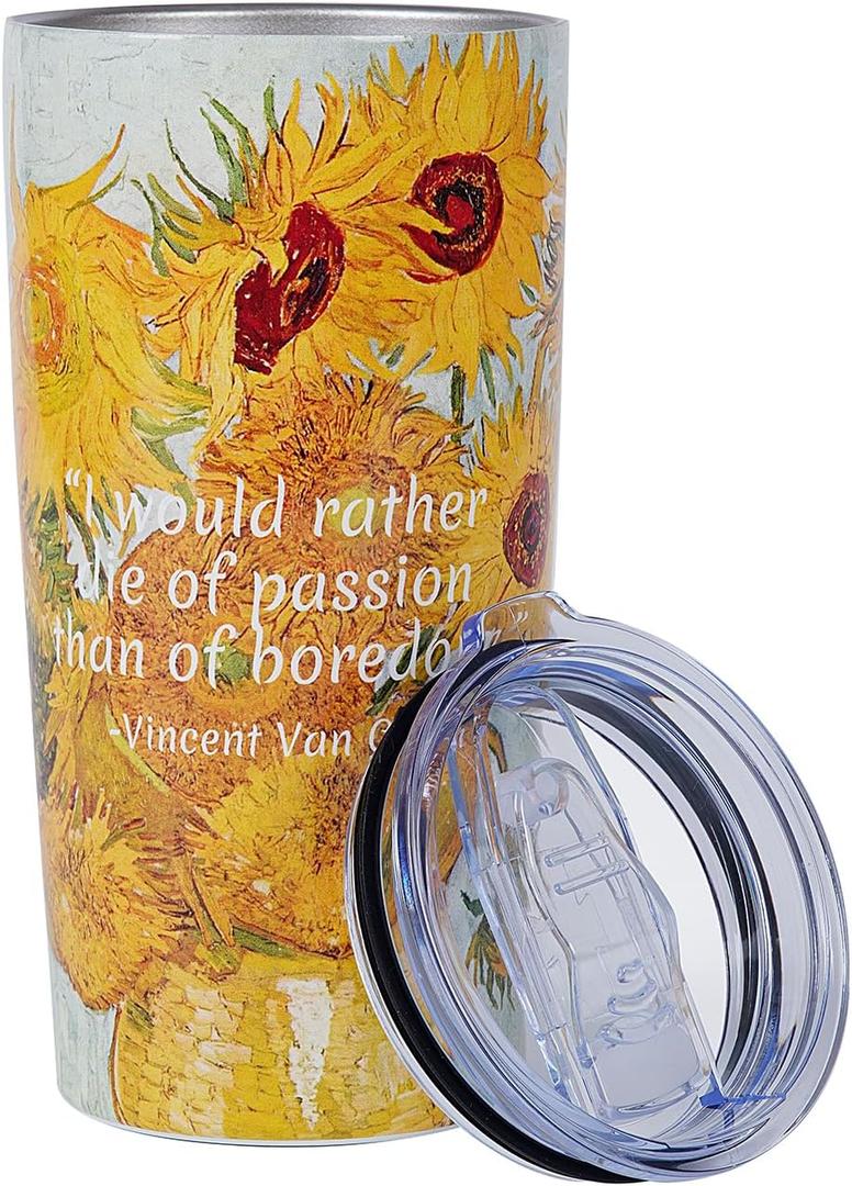 Coffee Tumbler, Van Gogh Art Tumbler, Spill-proof Insulated Coffee Mug with Lid, Inspirational Art Lover Gift for Outdoor, Office & Travel, 20oz (Sunflowers)