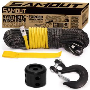 SAMOUT Synthetic Winch Rope Kit, 3/16in x 50ft 8350LBS Cable + Forged 13500LBS Winch Hook + Rubber Stopper
