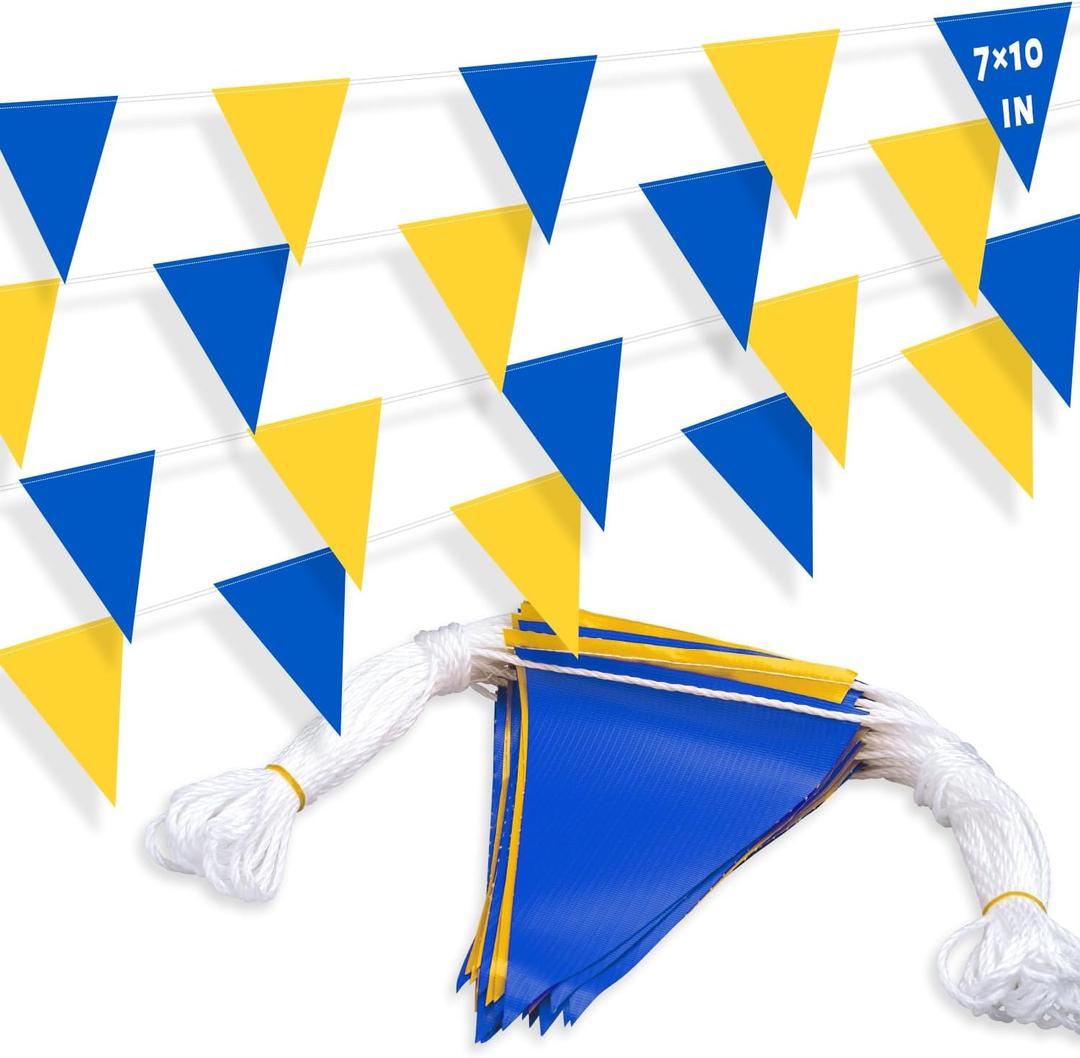 105ft Pennant Banner Flags, 7x10 Blue and Yellow 45 Pcs High Visibility Safety Flagging on String, Triangle Pool Flag for Backstroke, Construction Events Party Decoration Parking Marking Outside