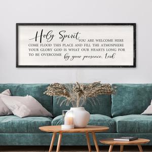 RLWangChao Holy Spirit You are Welcome Here Wall Decor Art 40x15 Inch Large Christian Song Bible Verse Plaque Wood Framed Sign Living Room Scripture Quote Religious For Office Wall Hanging (Black)
