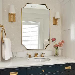 ANDY STAR Brushed Gold Rectangle Mirror, 24x36 Inch Scalloped Bathroom Mirror, Unique Rectangular Mirror with Scalloped Design, Anti-Rust Stainless Steel Frame Deep 1"