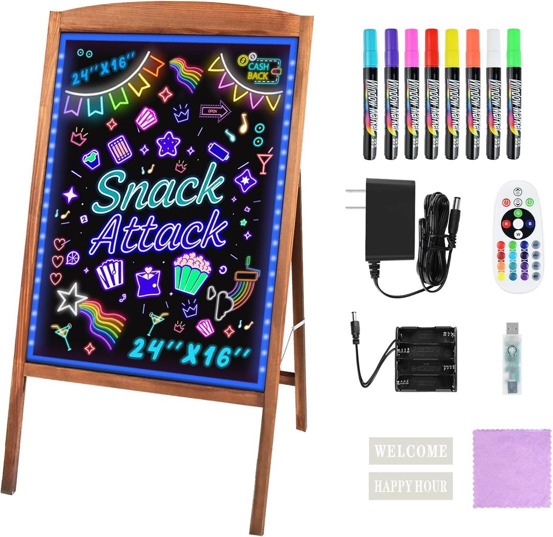 Hosim LED Message Writing Board 24"x16", Standing A-Frame Wooden LED Message Board Illuminated Erasable Neon Menu Sign, 8 Colors Markers & 16 Lighting Colors Flashing DIY Chalkboard Drawing Board