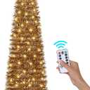 6 FT Pop Up Christmas Tree with 100 LED Timer Lights & Remote, Gold Collapsible Christmas Tinsel Tree Artificial Pencil Tree Xmas Decoration for Holiday Home Office Party, USB Powered