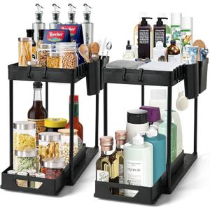 2-Pack Under Sink Organizer 2-Tier Sliding Storage Rack for Bathroom & Kitchen, Pull-Out Under Cabinet Organizer for Bathroom Organizers and Storage (Black)