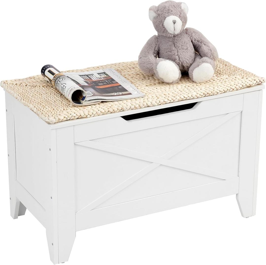 VECELO 30" Storage Bench, Entryway Shoe Ottoman, Farmhouse Style Bench with Handwoven Cushion and Metal Safety Hinges, for Bedroom, Living Room, Entryway, White