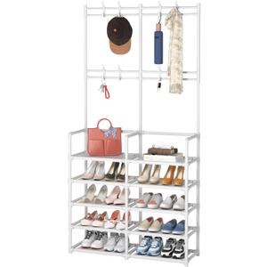 Laiensia 5-Tier Entryway Coat Rack, Coat and Shoe Rack, Entryway Bench Storage Organizer with 8 Hooks for Bedroom, Hallway, Office, White