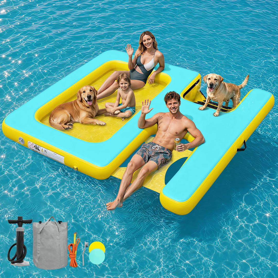 SUYOCHIC Inflatable Floating Dock,  Size 8ft×8ft , Mint Green/Yellow, 740LBS For 3-5 People, 6 Inch Drop-Stitch PVC Mesh Hammock Ramp Ladder Seat Fits Adults Family Friends Lake River Ocean Party
