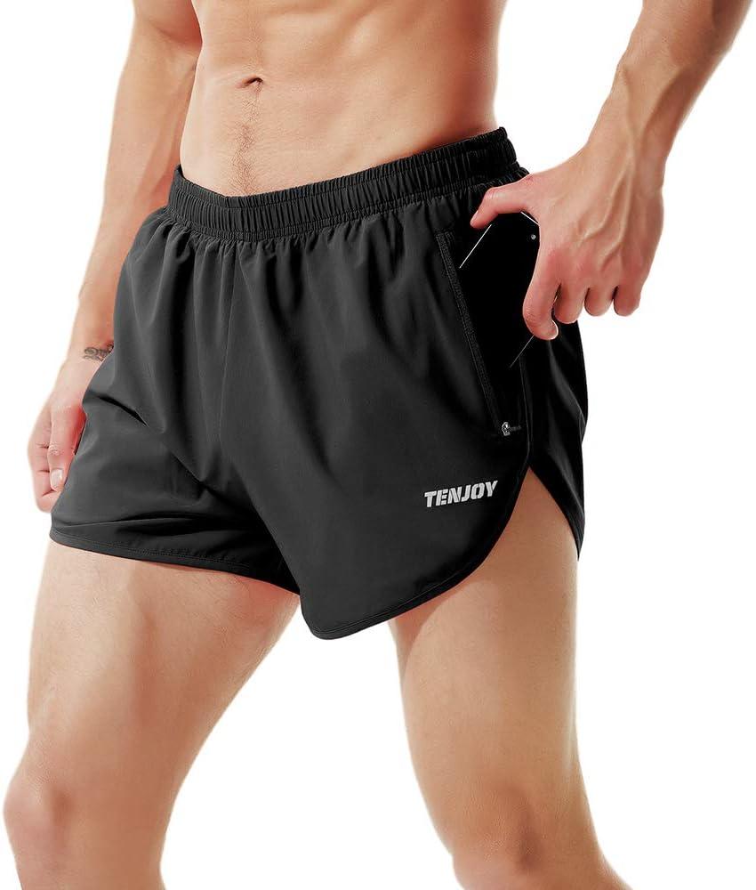 TENJOY Men's Running Shorts Gym Athletic Workout Shorts for Men 3 inch Sports Shorts with Zipper Pocket (Large, Black)