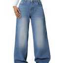 Handfrog Jeans for Women Baggy Wide Leg Women's Jeans Elastic Waist Low Mid Rise Denim Pants with Pockets Y2K Jeans Light Blue L