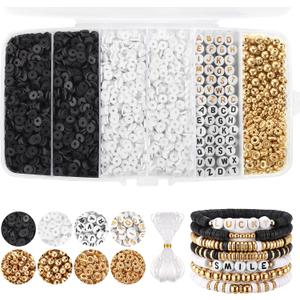 White Black Clay Beads Bracelet Making kit, Funtopia Heishi Beads Polymer Clay Beads for Jewelry Making, Friendship Bracelet Kit with Gold Beads Alphabet Letter Beads for Girls Adults (6mm)