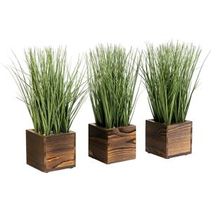 MyGift Artificial Green Grass Plants Trio in Rustic Burnt Solid Wood Planter Boxes, Faux Greenery in Decorative 4 Inch Square Wooden Containers, Set of 3