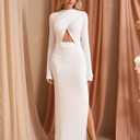 KUTUMAI Long Sleeve Cutout Slit Formal Wedding Guest Dresses for Women 2025 Fall Elegant Bodycon Ruched Maxi Dress White L (L)