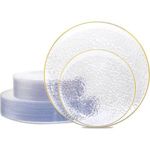 Hioasis 60pcs Clear Plastic Plates - Gold Rimmed Disposable, Hammered, Heavy-duty Dinnerware Set Suitable for 30 Guests, 10.25" Dinner & 7.5" Dessert Plates for Party & Wedding