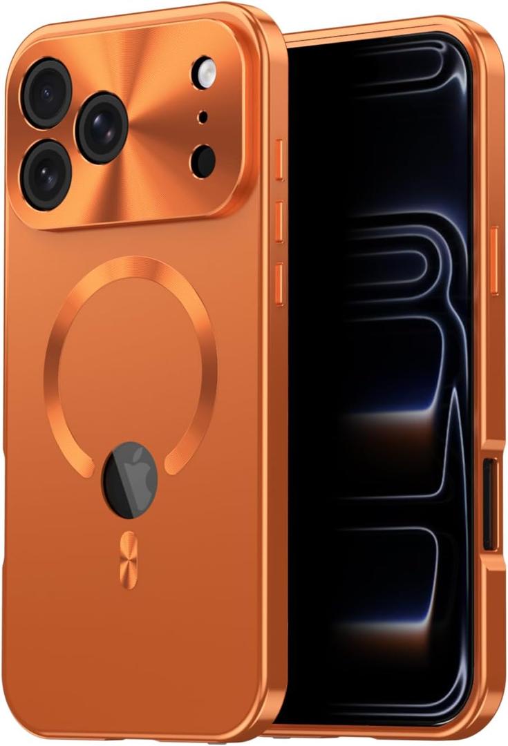 Magnetic Metal Edge Full Body Military Drop Protection for iPhone 17 Pro Max Case,Compatible with MagSafe,Rugged Built-in Privacy Screen Protector Logo View Shockproof Cover,Orange