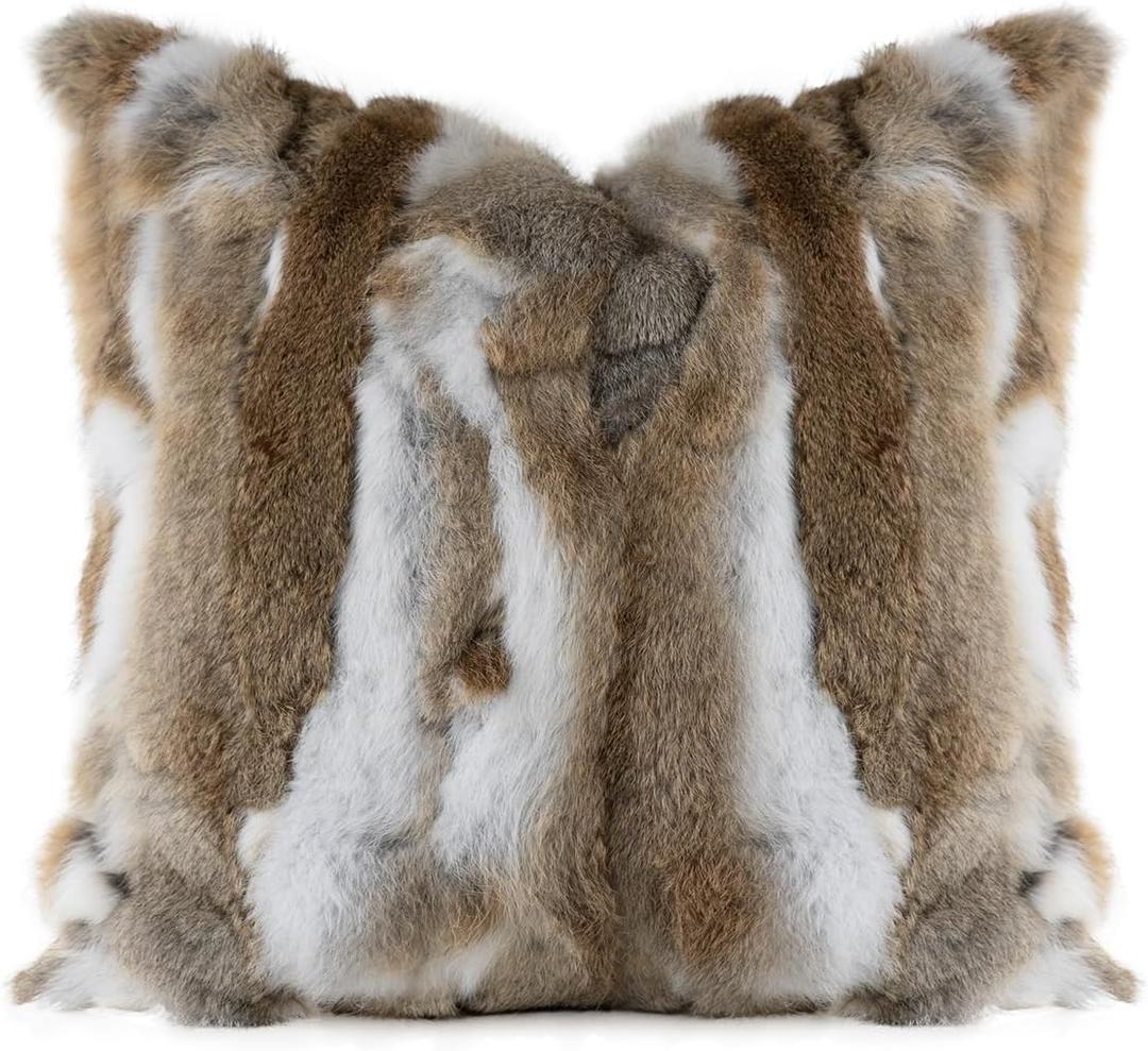 MOOX Rabbit Fur Throw Pillow Covers Decorative Fluffy Soft Fuzzy Plush Luxury Genuine Animal Skin Lumbar Pillow 18"x18" Cushion Cover, Couch-Yellow White
