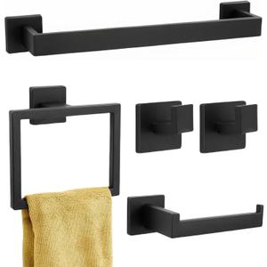 Twirobt 5-Piece Matte Black Bathroom Hardware Accessories Set - 16 Inch Stainless Steel Wall Mounted Towel Rack, Toilet Paper Holder, Towel Ring & 2 Hooks, Bathroom Organizer and Storage