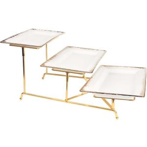 3-Tier Serving Rack with Ceramic Serving Tray, Foldable Gold Stand with 3 Pieces 10.2"/11.8"/13.8" Gold Rim Large Plates for Food Display, Fruit, Dessert Server Display and Entertaining