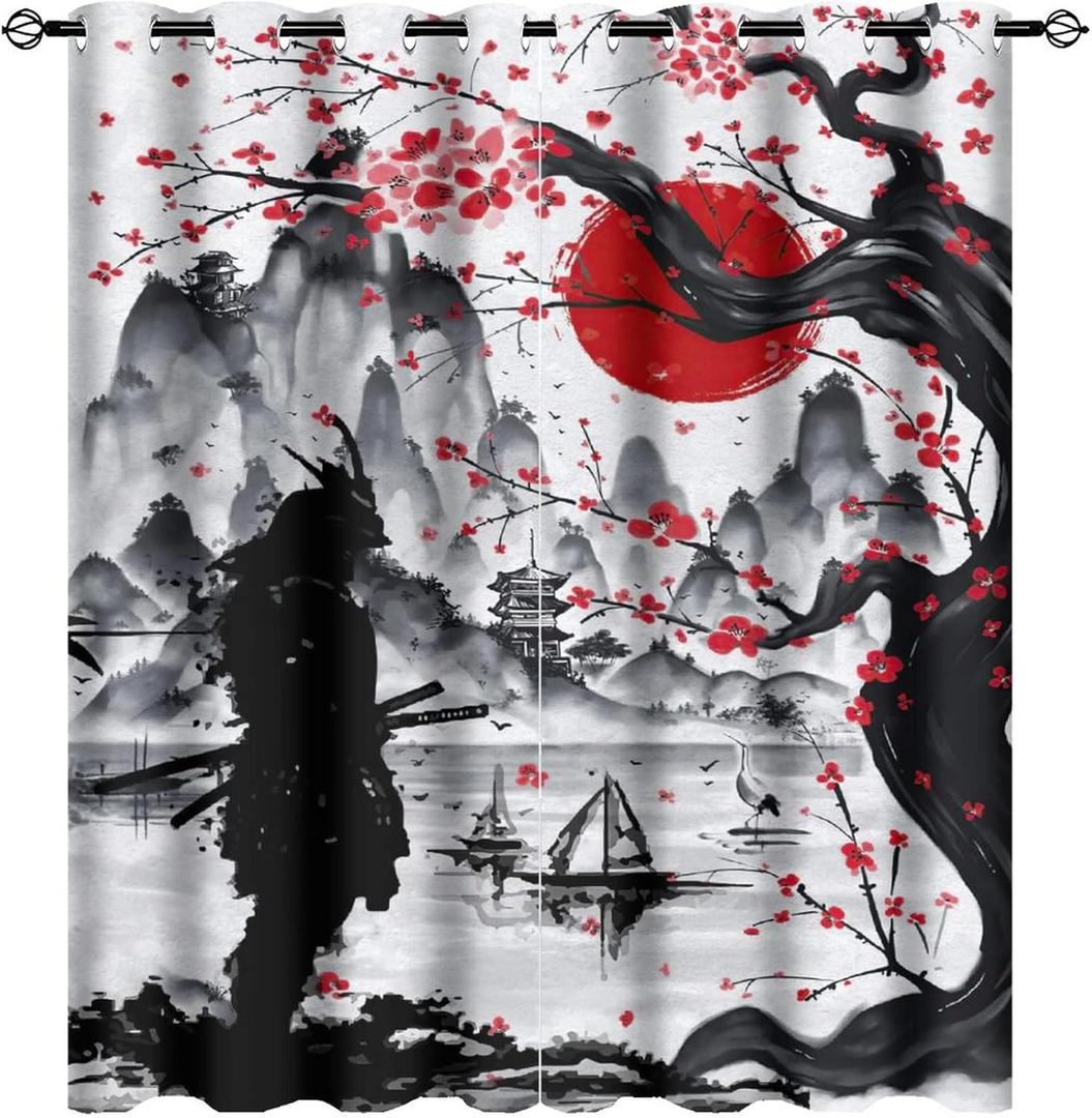 Retro Japanese Room Darkening Blackout Window Curtains with Grommets,Watercolor Ink Samurai Red Sun Mountain Cherry Blossoms Energy Efficient Window Treatment for Living Room 2 Panels 63L x 27.5W