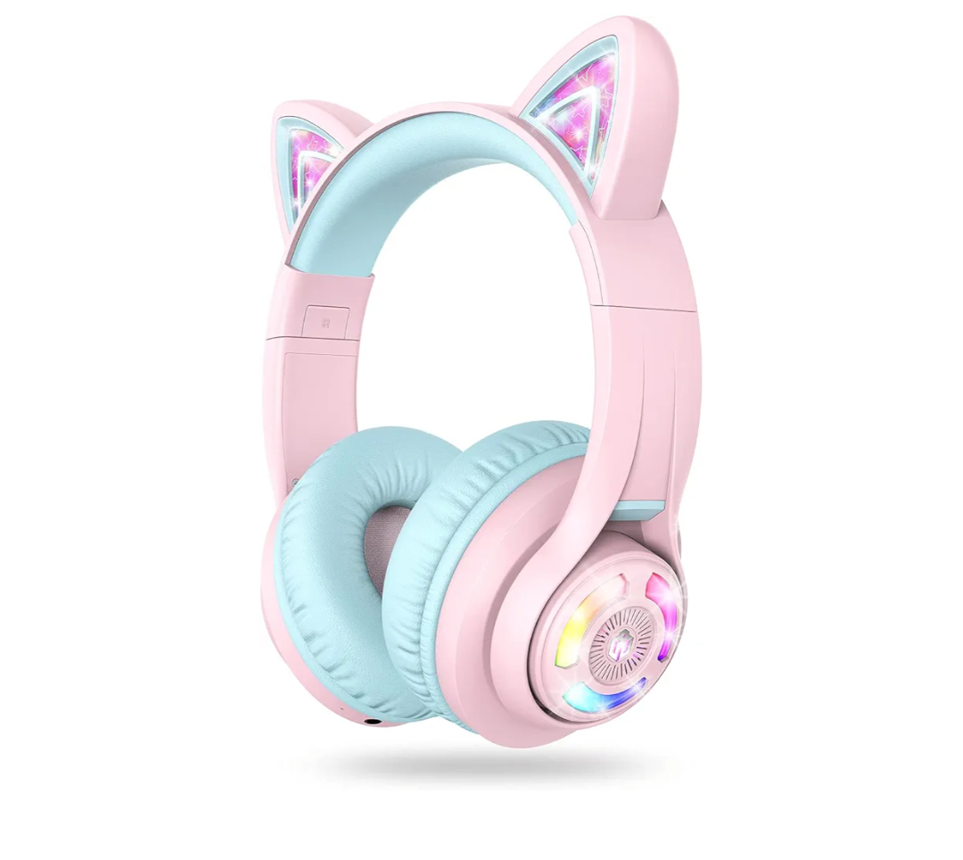 iClever Cat Ear Kids Bluetooth Headphones, LED Lights Up, 74/85dBA Safe Volume Limited, 50H Playtime,Bluetooth 5.2, USB C,Kids Headphones Wireless Over Ear for Travel iPad Tablet, Meow MacaronPurple