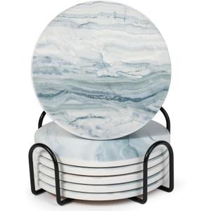 Acejoz Drink Coasters with Holder for Coffee Table, Absorbent Coasters Set of 6, Marble Style Ceramic Coaster for Wooden Table, Suitable for Kinds of Cups, Home Decor, 4 Inches(Blue)