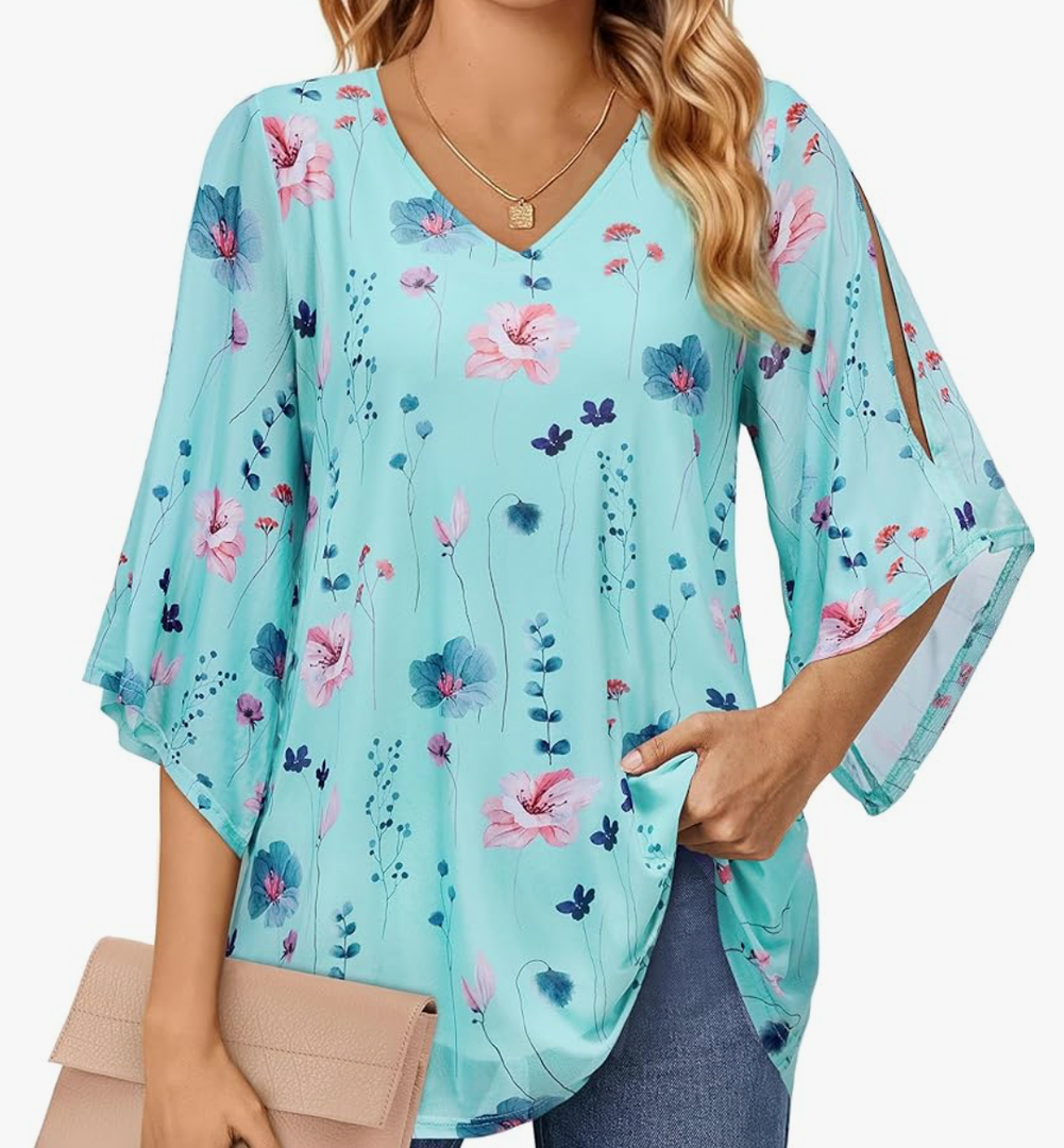 Blouse for Women Dressy Casual Summer Chiffon 3/4 Sleeve Tops Business Work Shirts Double Layered Tunic Evening Party Size 2XL