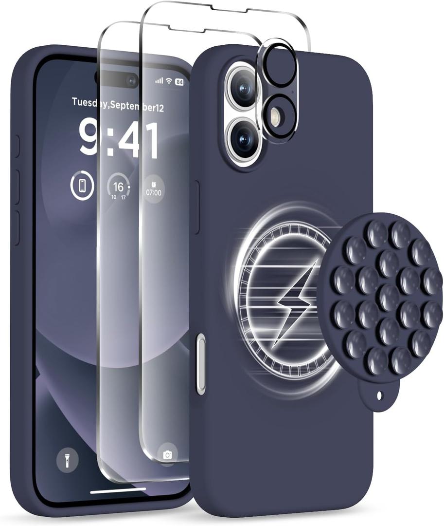 Magnetic for iPhone 16 Plus Case, Compatible with Magsafe, Suction Cup Phone Mount - 2 Screen Protectors - Camera Lens Protector, Silicone Shockproof Protective Phone Cover 6.7", Midnight Blue