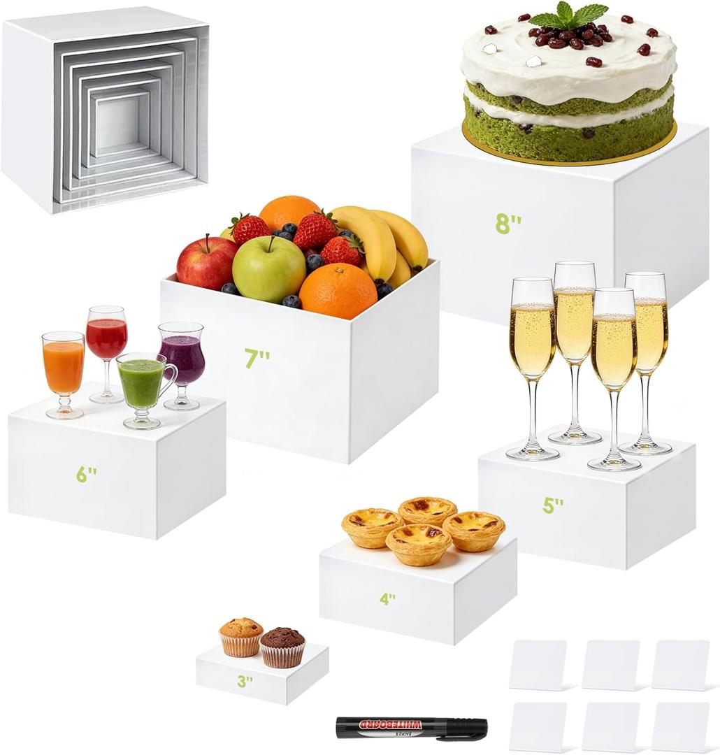 Buffet Risers 6 Pcs Food Display Riser w/ Signs a Pen 8x7x6x5x4x3 Inch Acrylic Catering Dessert Jewelry Figures Show Collectibles Table Decor Cake Display Stand White Cube Showcase Shelf Storage Box