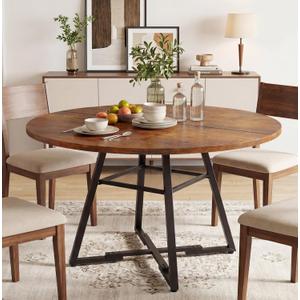 Alpen 42" Round Dining Table for 4-6, Farmhouse Kitchen Table with Storage Shelf, Wood Circle Table with Pedestal Metal Frame, Small Space Table for Apartment, Dining Room, Vintage Brown
