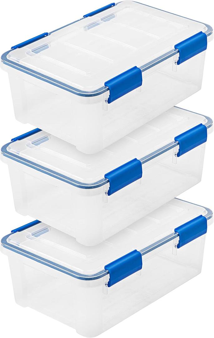 IRIS USA WeatherPro 16 Qt Storage Bins with Lids, 3 Pack, BPA-Free Plastic Gasket Box with Tight Latch and Seal, Stackable Nestable Tote Tub - Clear/Blue (16 Qt. - 3 Pack)