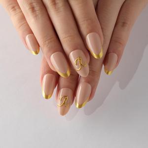 Birthday Press On Nails, 3D Letter A Gold French Tip Short Almond Fake Nails, Reusable Trendy Personalized Glossy Soft Gel Acrylic False Nails, Personalized Gift for Women Birthday Party
