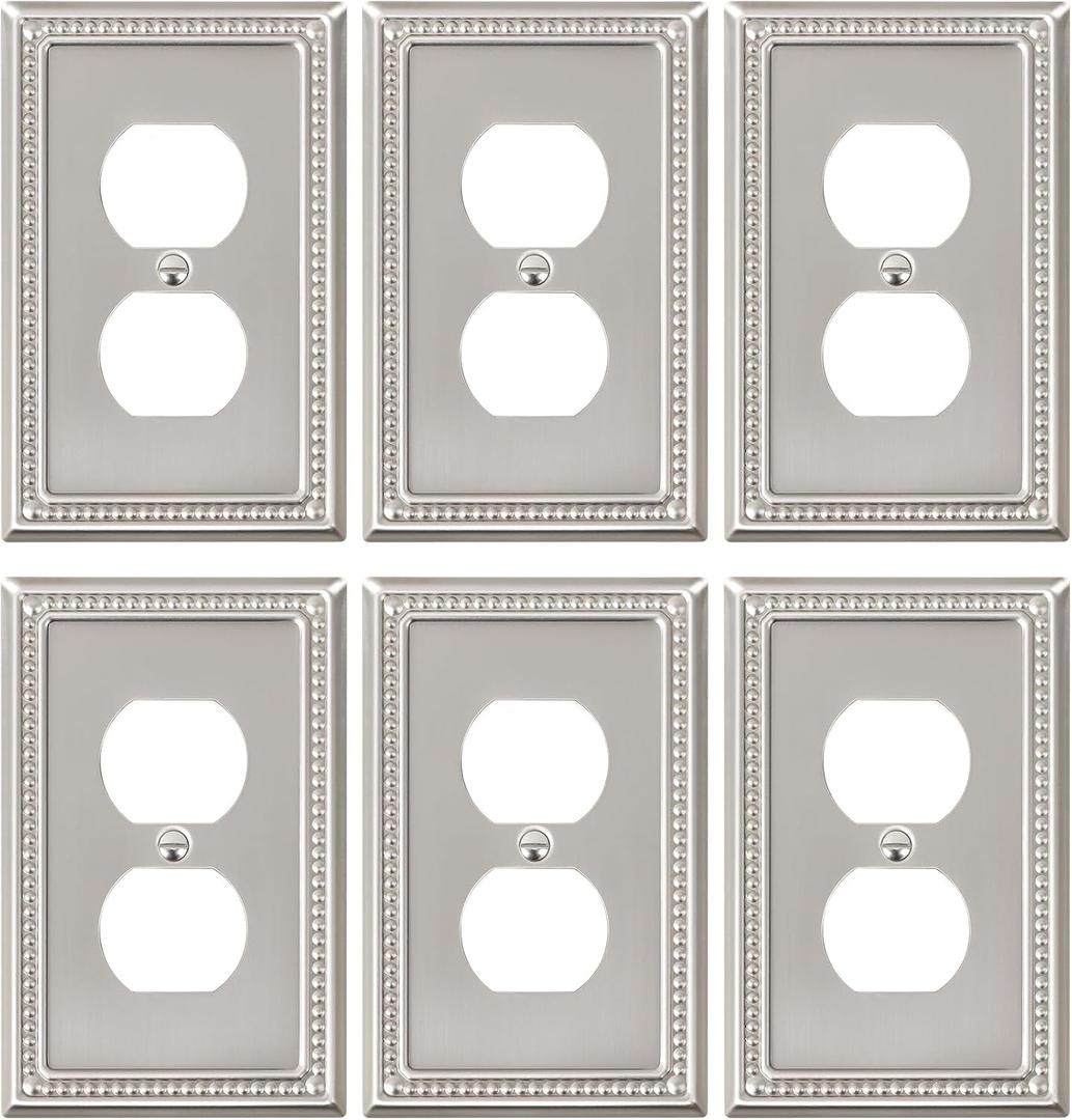 6-Pack Duplex Outlet Cover Plate, Metal Wall Plates for Electrical Outlets, Brushed Nickel 1 Gang Receptacle Cover, Pearls Decorative Switch Plates and Outlet Covers