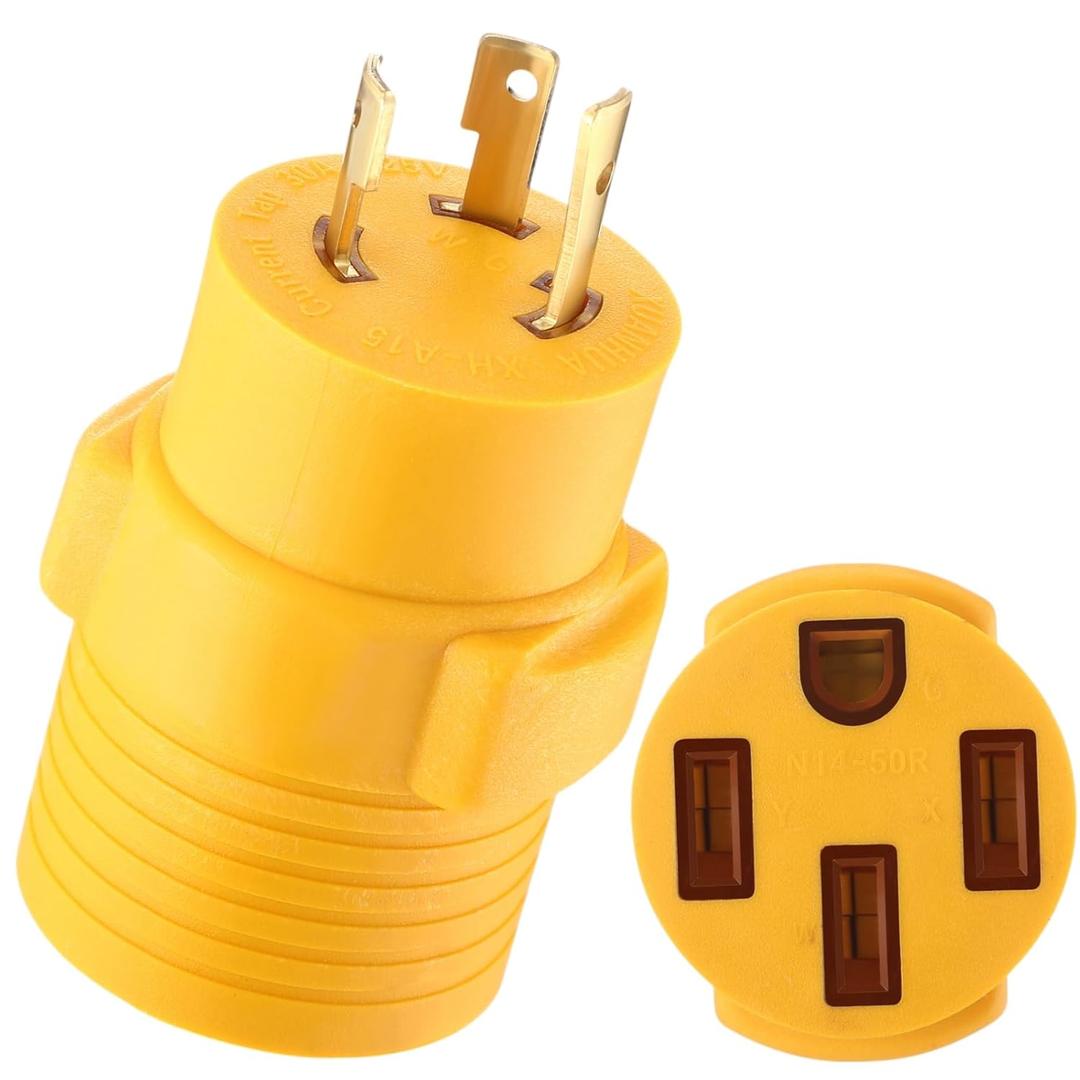 Kanayu 30 Amp to 50 Amp RV Generator Adapter Compatible with NEMA L5-30P to 14-50R, 30 Generator to 50 RV Trailer Campers, 3 Prong L5-30P Lock Male to 4 Prong 14-50R Female Adapter (Yellow)